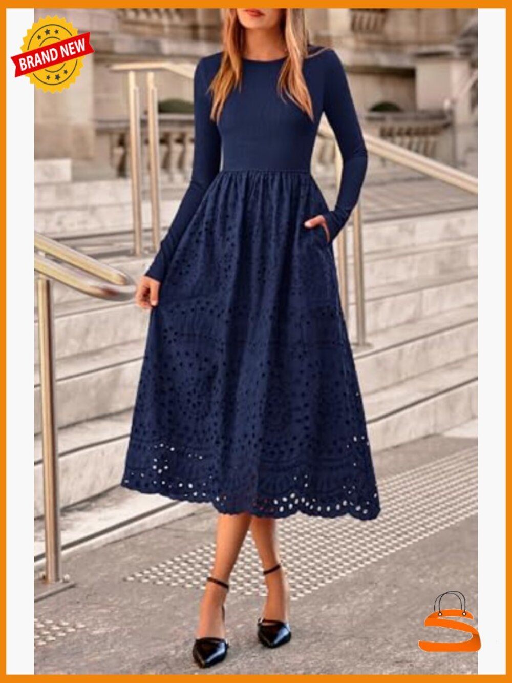 Women's Long Sleeve Maxi Dress A-Line Boho Eyelet Cotton Blend Pockets - Picture 2 of 7